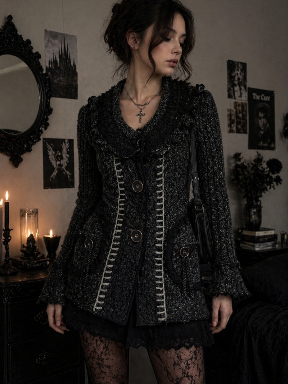 Romantic Knit Cardigan Charcoal Gray Ruffle Trim Vintage Style Button Front Size - Picture 3 of 14